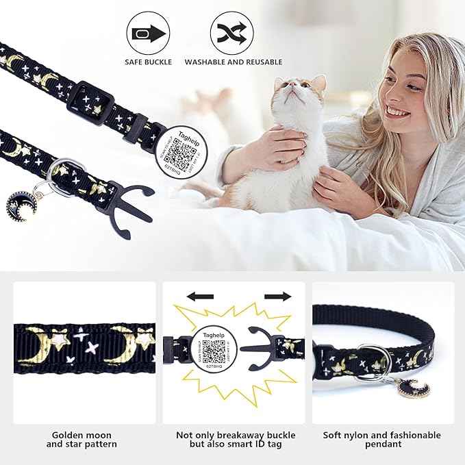 3-Pack Smart ID Cat Collar with Name Tag, Breakaway Adjustable Kitten Collars - QR Code Profile & Star Moon Safety Collars, Multi-Color Set (Black/Blue/Pink) | TagHelp