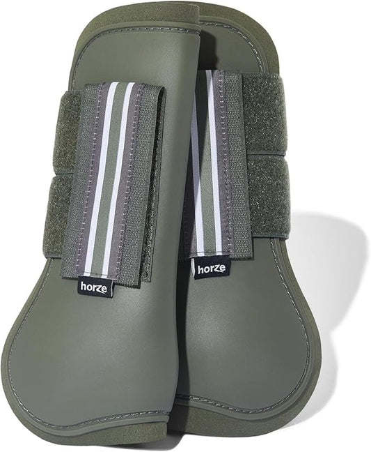 HORZE Adepto Open Front Tendon Boots | Durable Shell with Neoprene Lining - Beetle Khaki Green - Pony