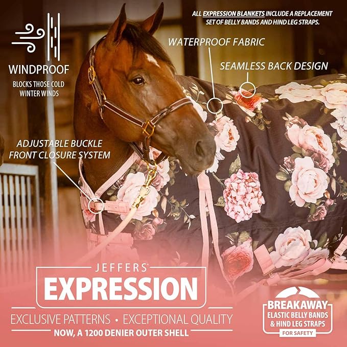 Jeffers Expression 1200 Denier Standard Neck Turnout Blanket, Rose Garden, 87" - Waterproof, Breathable Horse Blanket with 0g Polyfill, No insulation - Ideal Protection for Wind and Rain, Light Weight