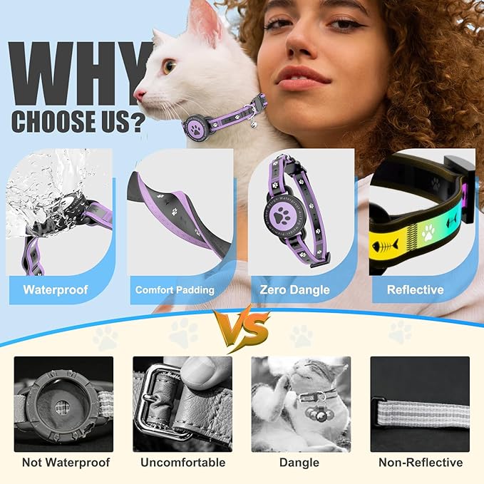 Airtag Cat Collar Breakaway, Reflective Cat Collar with AirTag Holder and Bell, Compatible with Apple Air Tag, Comfortable Padding, Adjustable, Durable (Purple, XS)