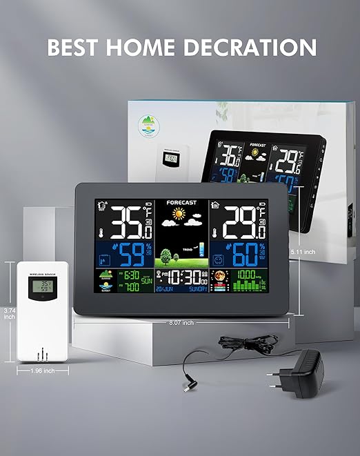 Weather Station Wireless Indoor Outdoor Thermometer, Digital Thermometer with Remote Sensor, Large Display Home Weather Stations with Weather Forecast, Atomic Clock, Barometric Pressure, Moon Phase