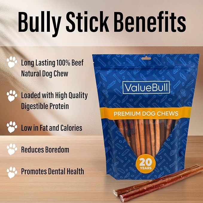 ValueBull Bully Sticks for Small Dogs, Thin 12 Inch, 25 Count - All Natural, Grass Fed, Single Ingredient, Long Lasting Dog Treats