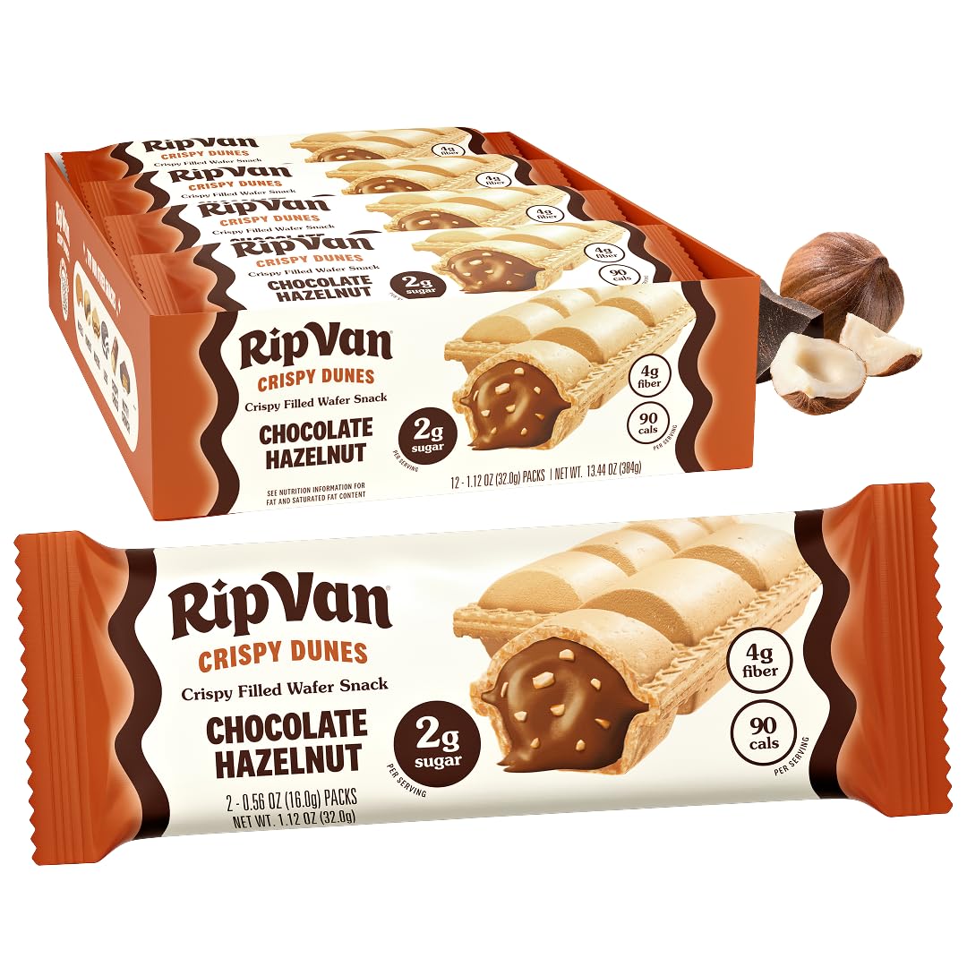 Rip Van Crispy Dunes Vegan Chocolate Hazelnut Wafer Sticks – Low-Calorie Keto Snack with Hazelnut Cream Filling, 90 Calories, Non-GMO, Prebiotic Fiber - 12 Pack