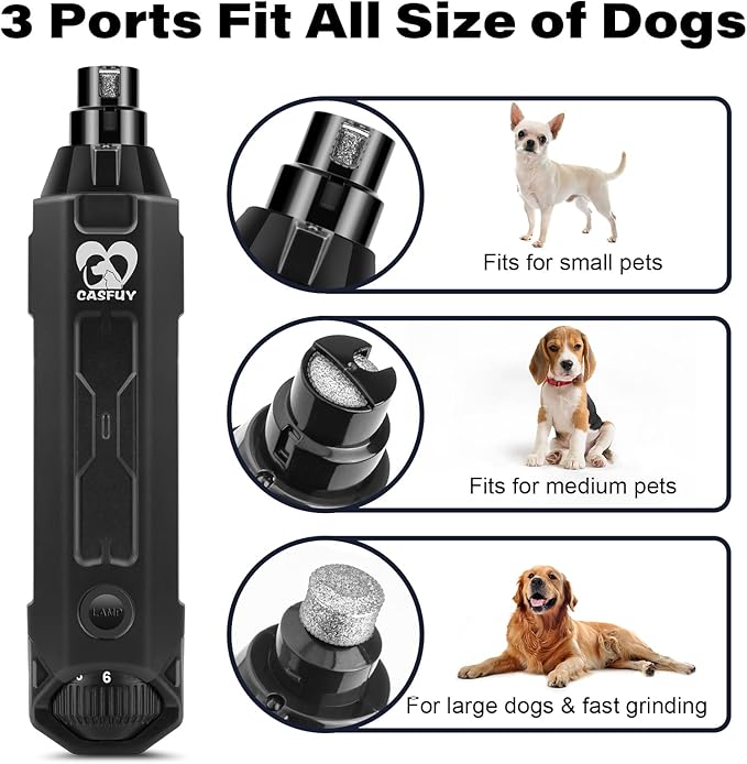 Casfuy 6-Speed Dog Nail Grinder - Newest Enhanced Pet Nail Grinder Super Quiet Electric Dog Nail Trimmer Rechargeable Painless Paws Grooming & Smoothing Tool for Large Medium Small Dogs (Grey)