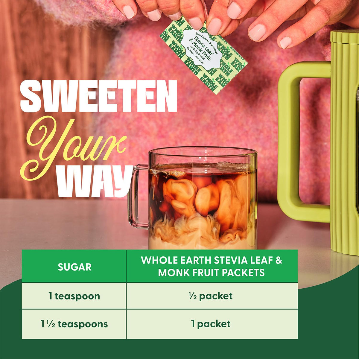 Whole Earth Sweetener Co. Stevia & Monk Fruit Sweetener, Erythritol Sweetener, Stevia Packets, Sugar Substitute, Natural Sweetener, 400 Count