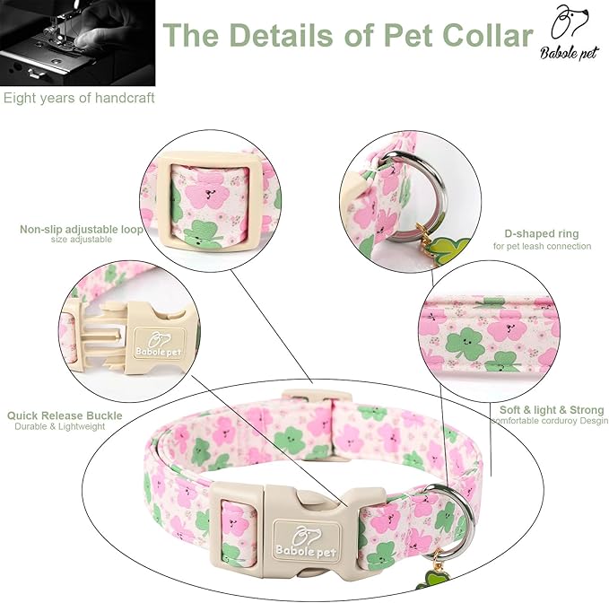 St Patricks Day Dog Collar for Small Dogs - Cute Light Pink Shamrock Girl Dog Collars, Adjustable Irish Clover Puppy Collar with Quick Release Buckle XS