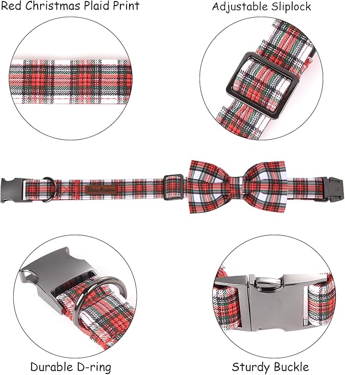 Christmas Dog Collar, Red Plaid Cotton Collars with Bow Adjustable Pet Collar Premium Metal Buckle, Christmas Puppy Necklace for Small Girl and Boy Dogs
