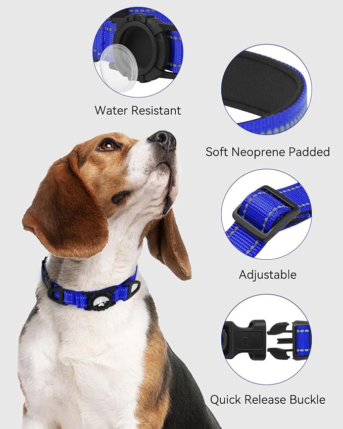 Joytale Airtag Dog Collar, Reflective Pet Collar with Waterproof AirTag Holder, Dual D-Rings, Soft Padded Adjustable for Medium Dogs, Navy Blue, M