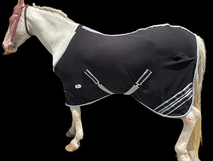 Majestic Ally Anti Pill Fleece Horse Blanket/Sheet with Silver Braided Rope (Black, 82)