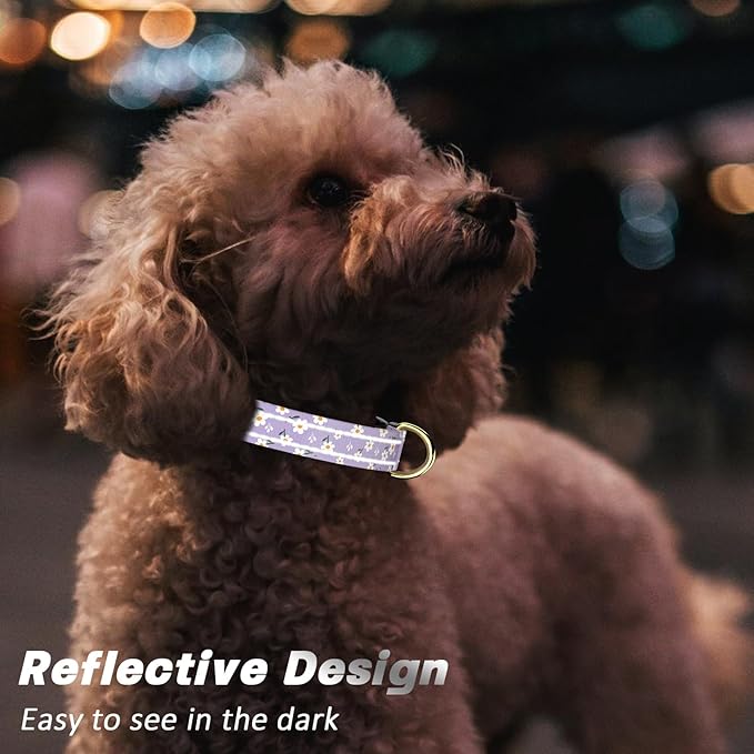 Reflective Dog Collar for Extra Small Dogs, Cute Flower Theme Adjustable Heavy-Duty Nylon Puppy Collar for Boy and Girl Female, Soft Pet Accessories with Quick Release Buckle, Purple White
