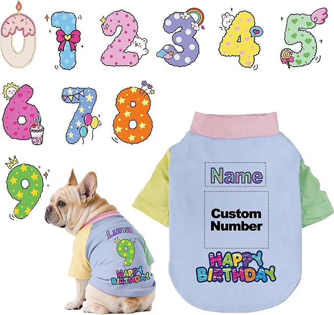 Custom Dog Birthday Shirt,Personalized Pet Apparel Print with Name Age Number,Pet Birthday Outfit,Lightweight Breathable Cotton Vest for Small Medium Large Dogs Cat (Dopamine Blue, XX-Large)