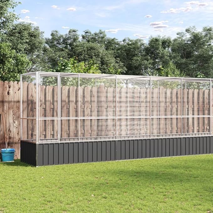 Large Metal Heavy Duty Walk-in Aviary Cage with Extension, Ample Activity Space Bird Cage with Lockable Door Also for Chickens and Rabbits, Silver 492.3"x42.1"x83.5" Steel,-518