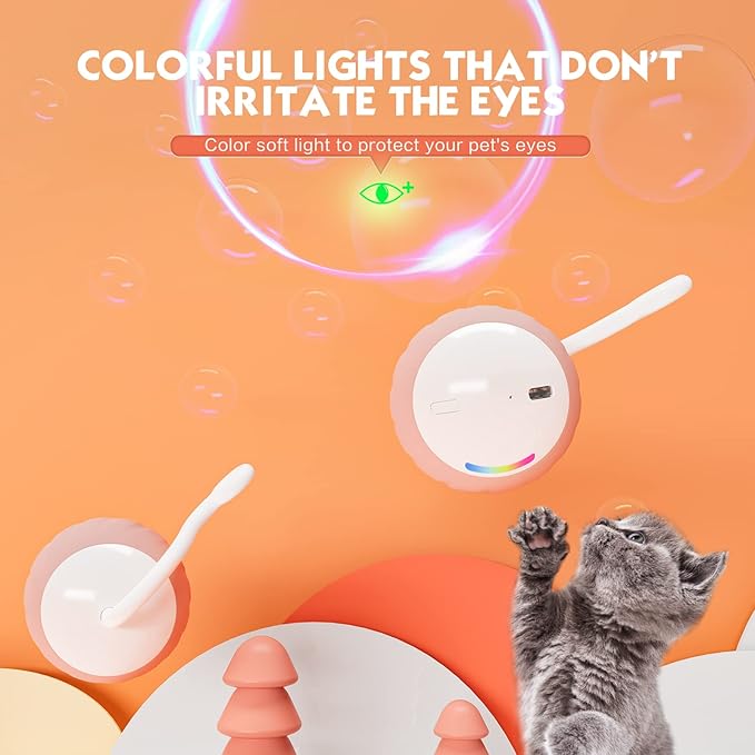 Interactive Cat Toys Ball - Electric Automatic Toys for Indoor Cats, LED Lights and Toys Feather Tail with Sound Activated and Touch, USB Rechargeable, 2peeds Mode for Bored Kittens/Adult Cats