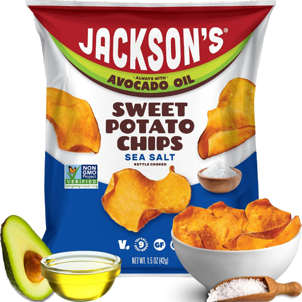 Jackson’s Sweet Potato Kettle Chips with Sea Salt made with Avocado Oil (1.5 oz, Pack of 10) - Allergen-friendly, Gluten Free, Peanut Free, Vegan, Paleo Friendly - Shark Tank Product