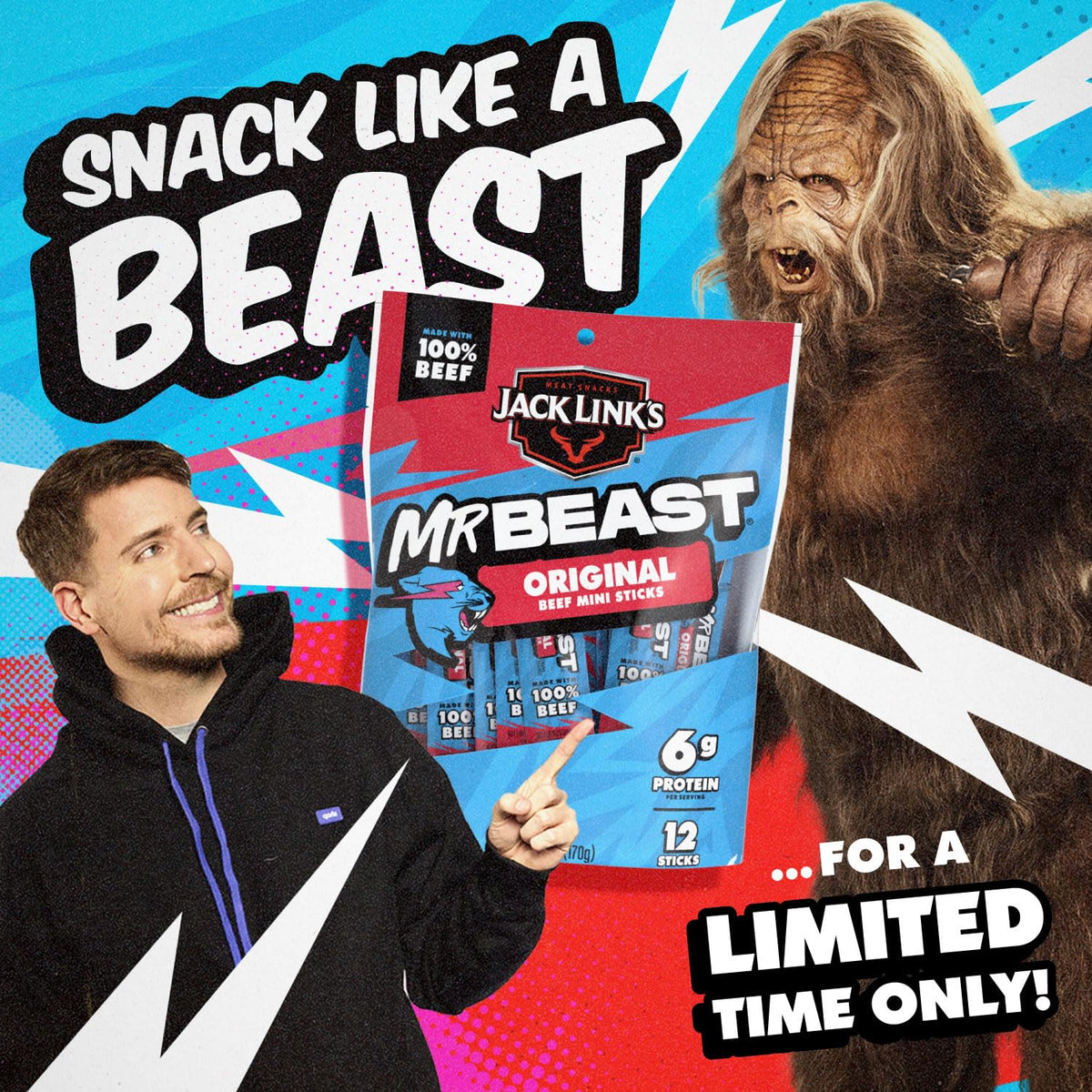 Jack Link's x MrBeast Original Mini Beef Jerky Sticks - Individually Wrapped Protein Snacks - 6g Protein per Serving - Made with 100% Real Beef - (12 Pack) 0.5 oz Meat Sticks