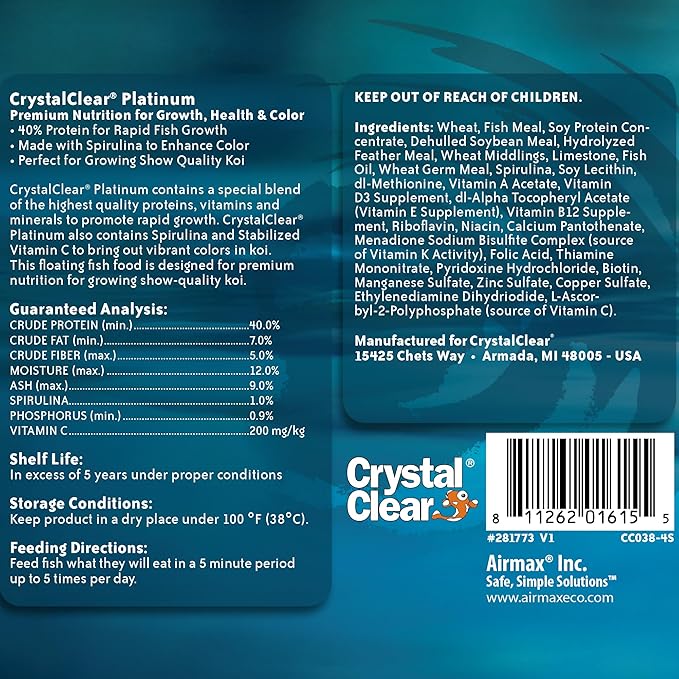 CrystalClear Platinum Fish Food, Premium Floating Pellets for Koi & Goldfish – Boost Growth, Color, and Wellness in Backyard Ponds & Water Gardens, 3mm Pellets, 2.2 Pounds