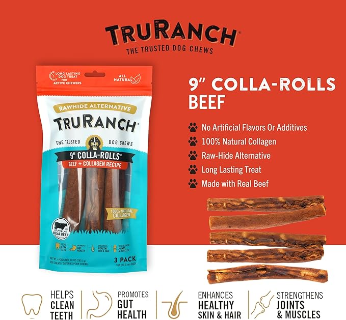 Collagen Rolls - 9" Collagen Rolls for Dogs - Long Lasting Healthy Joint Support - Rawhide Alternative - Skin & Coat Health - Made with Real Beef, Value Pack, 15 Bags, 45 Count
