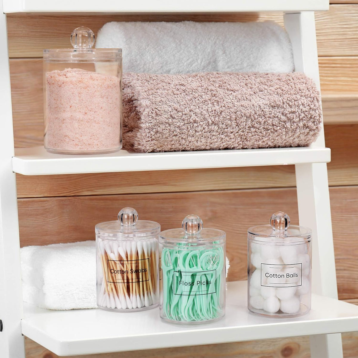 4 Pack Acrylic Qtip Holder Dispenser for Cotton Swabs, Balls, Pads, Floss Picks- Small Clear Plastic Canister Apothecary Jar Set, Bathroom Essentials Accessories Decor, Vanity Makeup Storage Organizer