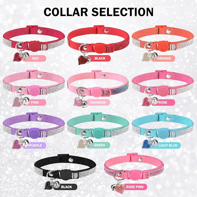 Rhinestone Cat Collar Breakaway with Bell Safety Buckle, 2 Pack Bling Diamond Kitten Collar for Gril Cats, Soft Velvet Female Cat Collars Adjustable 8-12 Inch, Pink
