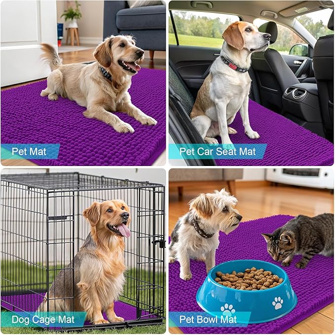 OLANLY Dog Door Mat for Muddy Paws 59x20, Absorbs Moisture and Dirt, Absorbent Non-Slip Washable Doormat, Quick Dry Chenille Mud Mat for Dogs, Entry Indoor Entryway Carpet for Inside Floor, Purple