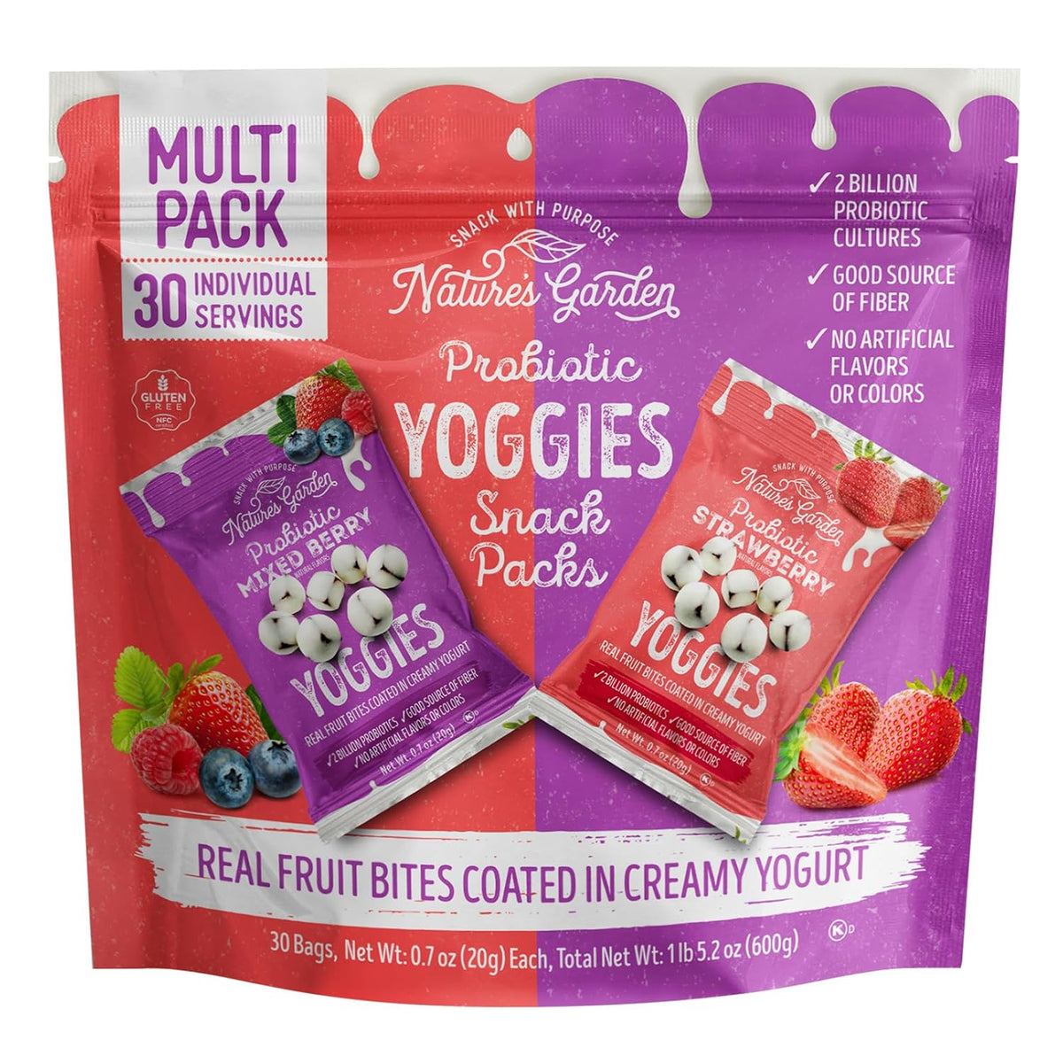 Nature's Garden Probiotic Yoggies Multi Pack, 21oz (Strawberry 15x0.7 oz + Mixed Berry 15x0.7 oz) Yogurt Covered Healthy Snack, High Fiber, Real Fruit Pieces, No Artificial Ingredients, for Adults