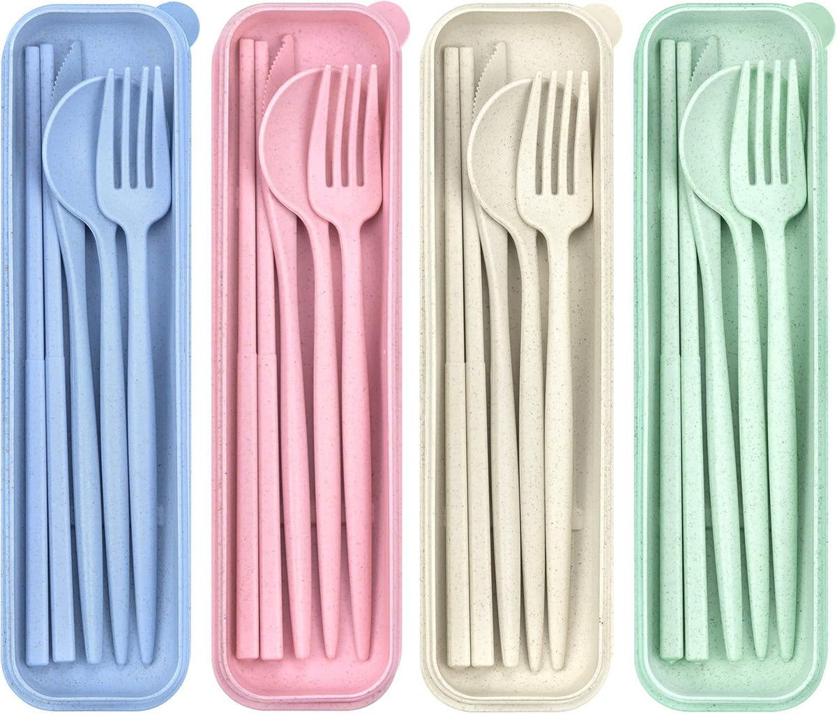 4 Sets Travel Utensils with Case, Cutlery Set Chopsticks Fork Spoon Knife with Case, Reusable Plastic Utensils Sets for Lunch Box Accessories,Portable Lunch Box Utensils Set for Daily Use