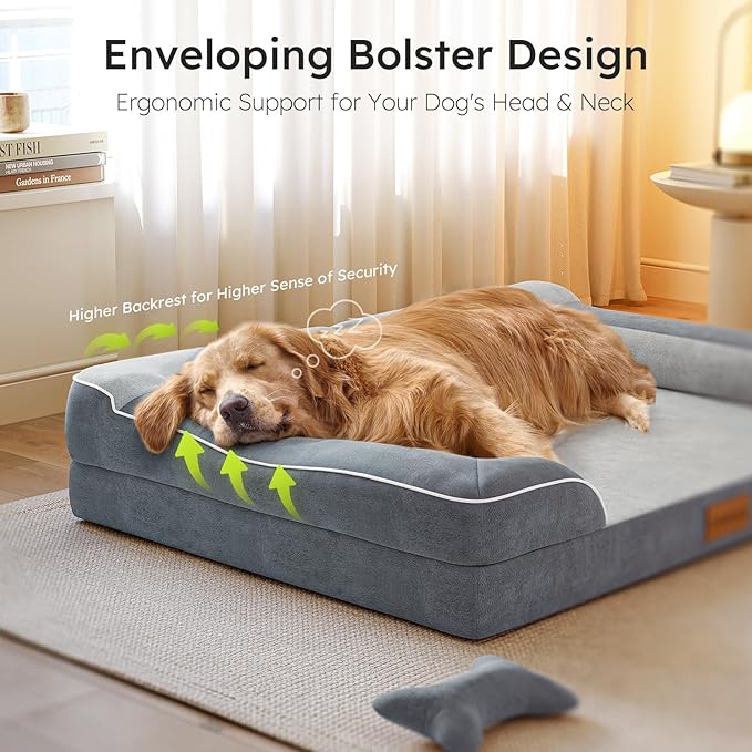 XXL Dog Bed for Extra Large Dogs, Giant Orthopedic Dog Beds with Cooling Gel Memory Foam, Waterproof Pet Bed with Removable Washable Cover, 53" Pet Sofa Bed Velvet with Bone Toy, Dark Gray