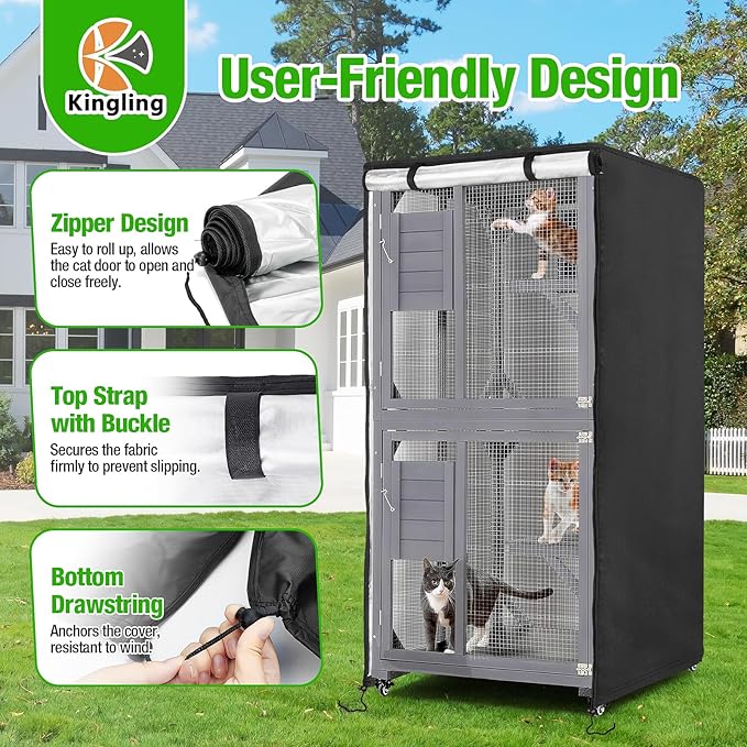 Kingling Outdoor Cat House Cover, Waterproof and Dustproof Protection Cover for Large Cat Cage Condo/Cat House Cover Black(Cover Only) - 32" L x 32" W x 71" H inch