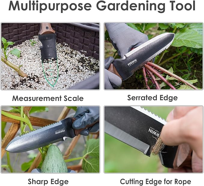 Hori Hori Garden Knife, Garden Tools with Sheath for Weeding, Planting, Digging, 7" Stainless Steel Blade with Cutting Edge, Full-Tang Wood Handle with Hanging Hole