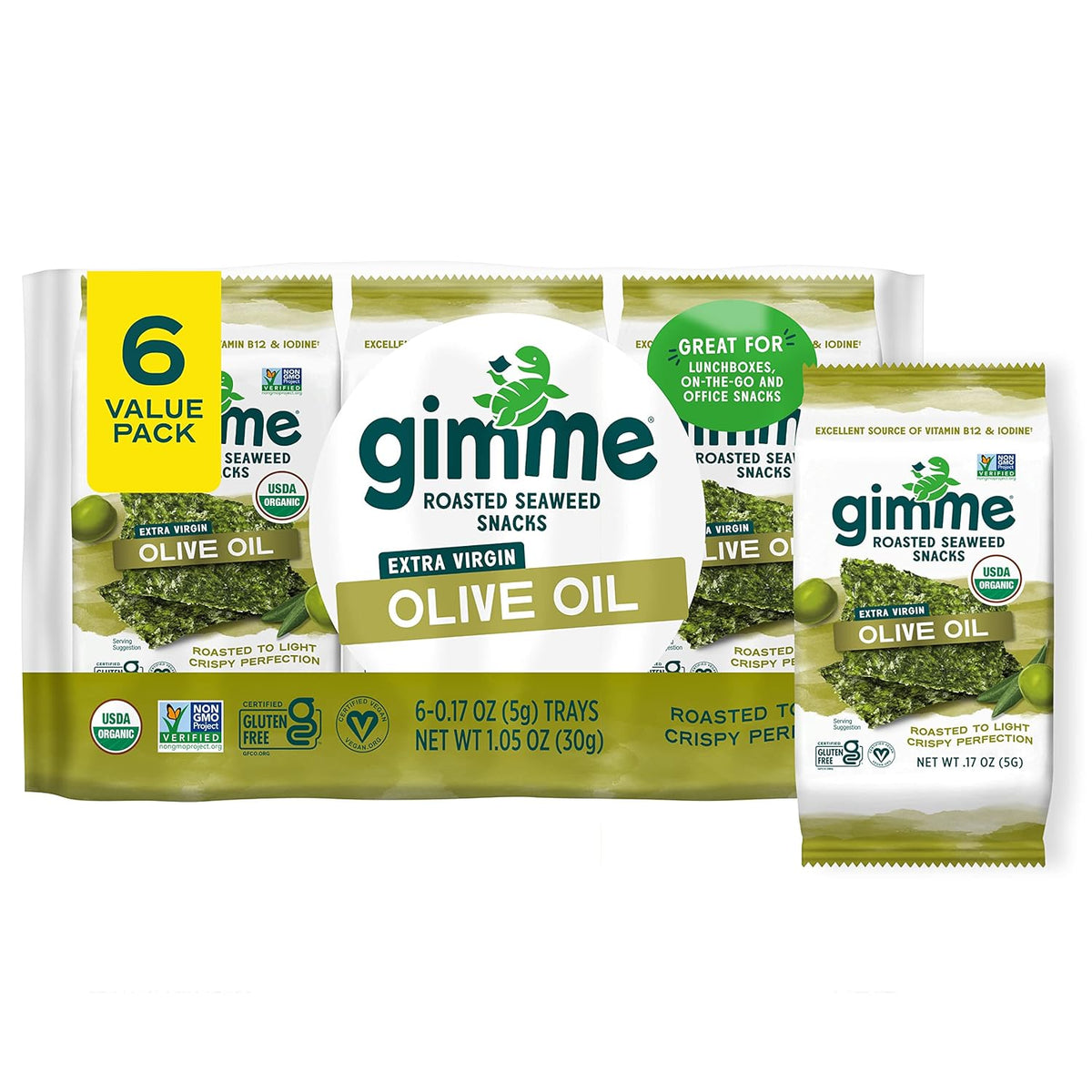 Gimme Seaweed Organic Premium Roasted Seaweed Snacks, Korean BBQ, 6 Count, Keto, Vegan, Gluten-Free, Great Source of Omega3s and Iodine, Healthy On-The-Go Snack for Kids and Adults