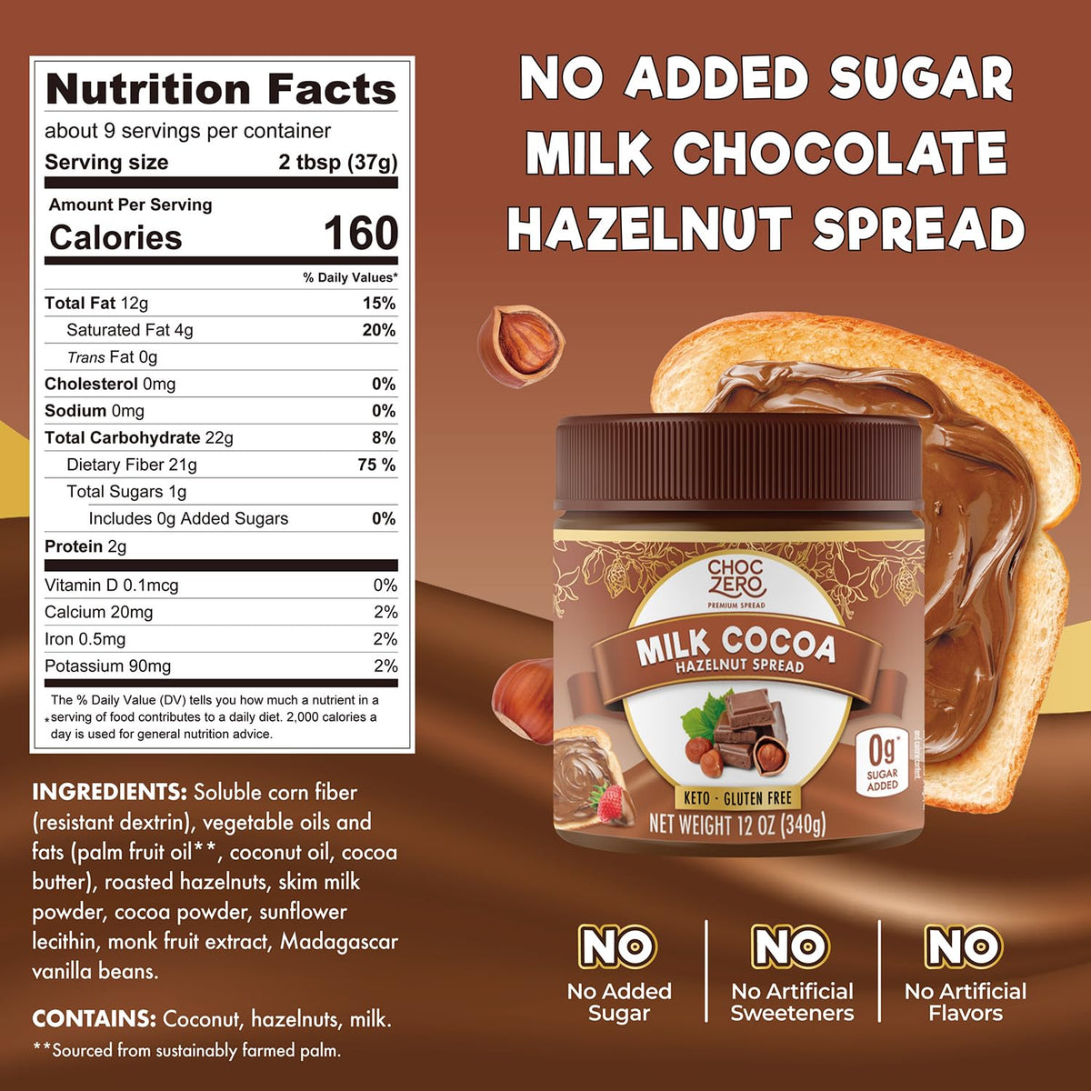 ChocZero 12 oz Milk Chocolate Hazelnut Spread, No Added Sugar, Keto Friendly, Low-Carb, Gluten Free, High Fiber, Versatile