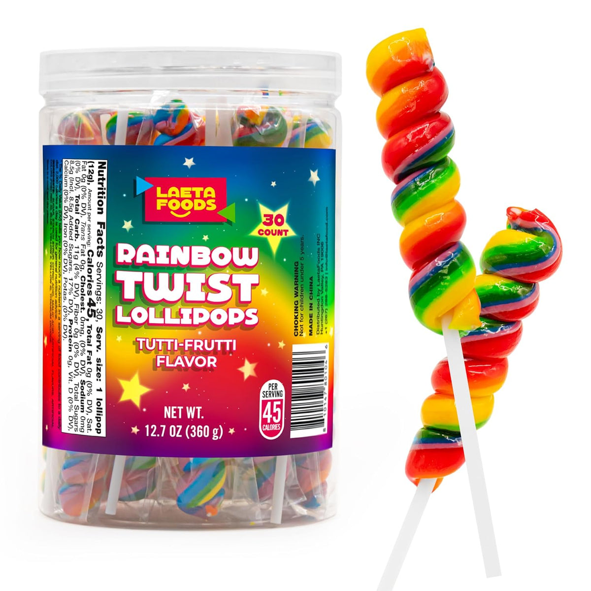 Rainbow Swirl Lollipops | 30 Count Jar | Rainbow Lollipops Individually Wrapped | Twisty Suckers Party Favors | Tutti-Frutti Party Candy for Buffets and Gifting