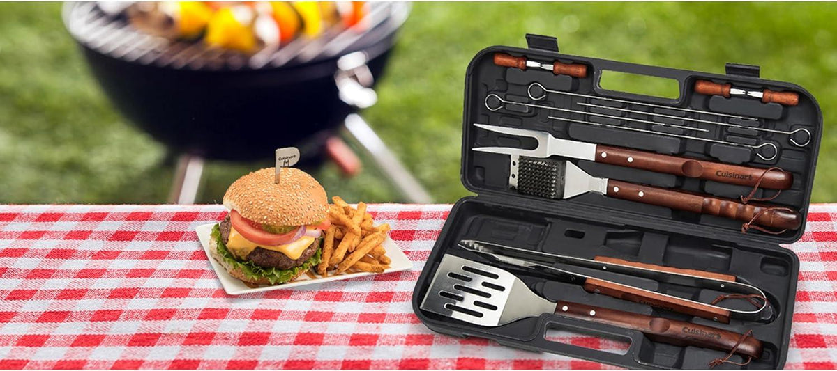 Cuisinart 13-Piece Wooden Handle Grill Tools Set, Grill Utensils Set BBQ Accessories, Durable Stainless Steel Spatula, Tongs, Cleaning Brush & More, Compact Case, Grilling Gifts for Men, CGS-W13