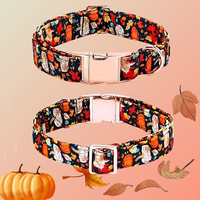 Fall Dog Collar, Leaf Pumpkin Print Adjustable Pet Collar Cute Cotton Soft Collars with Bow Tie Metal Buckle Holiday Puppy Collars Boy&Girl Gift for Large Dogs