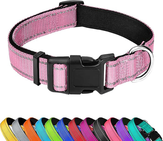 Reflective Dog Collar, Adjustable Soft Neoprene Padded Nylon Pet Collars with Buckle for Large Dogs, Light Pink,L