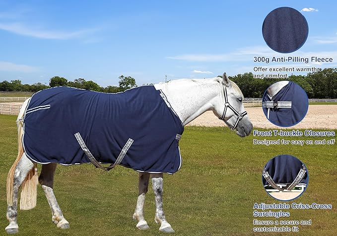Horse Fleece Cooler, Blanket Liner - 300g Anti-Pilling Fleece, Moisture-Wicking, Cooling & Drying for Post-Workout, Bath & Travel, Prevent Overheating & Chilling Navy 78