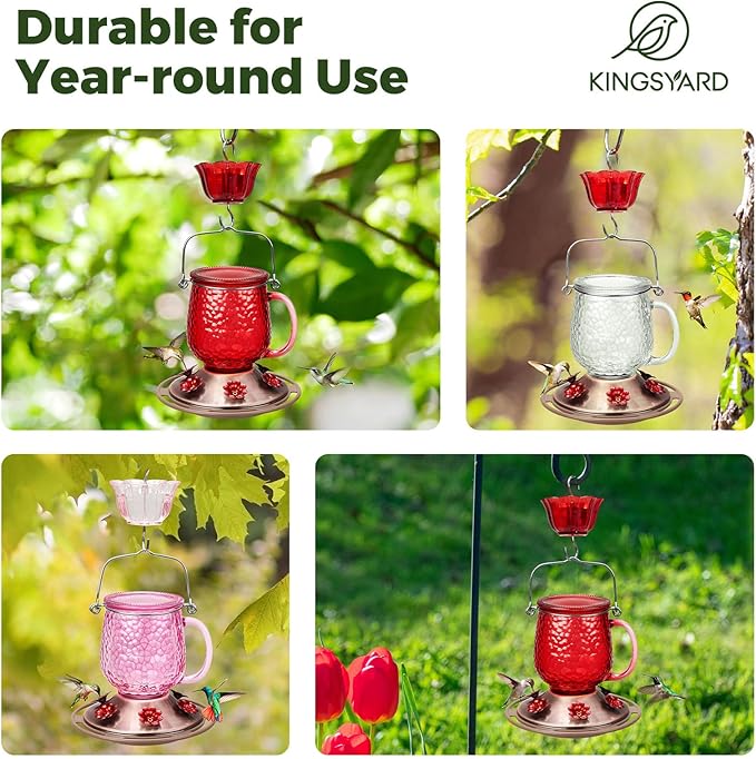 Kingsyard Glass Hummingbird Feeders for Outdoors, 16 Oz Wild Bird Feeder 6 Feeding Ports & Ant Moat Included, Hanging Bird Nectar Feeder Garden Red Décor Gifts for Mom, Red