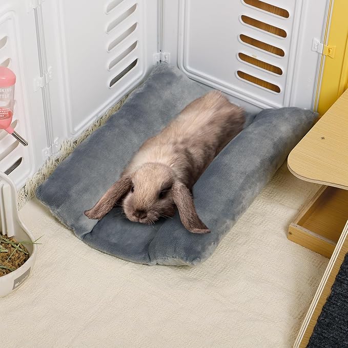 MEWTOGO 15.7 x 14In Rabbit Bed, Thickened Soft Bunny Concave Bed, Cuddle Cushion Plush Mat with Cotton Lounger Pillows, Small Pet Flop Mat for Cage Sleeping Indoor, Gray