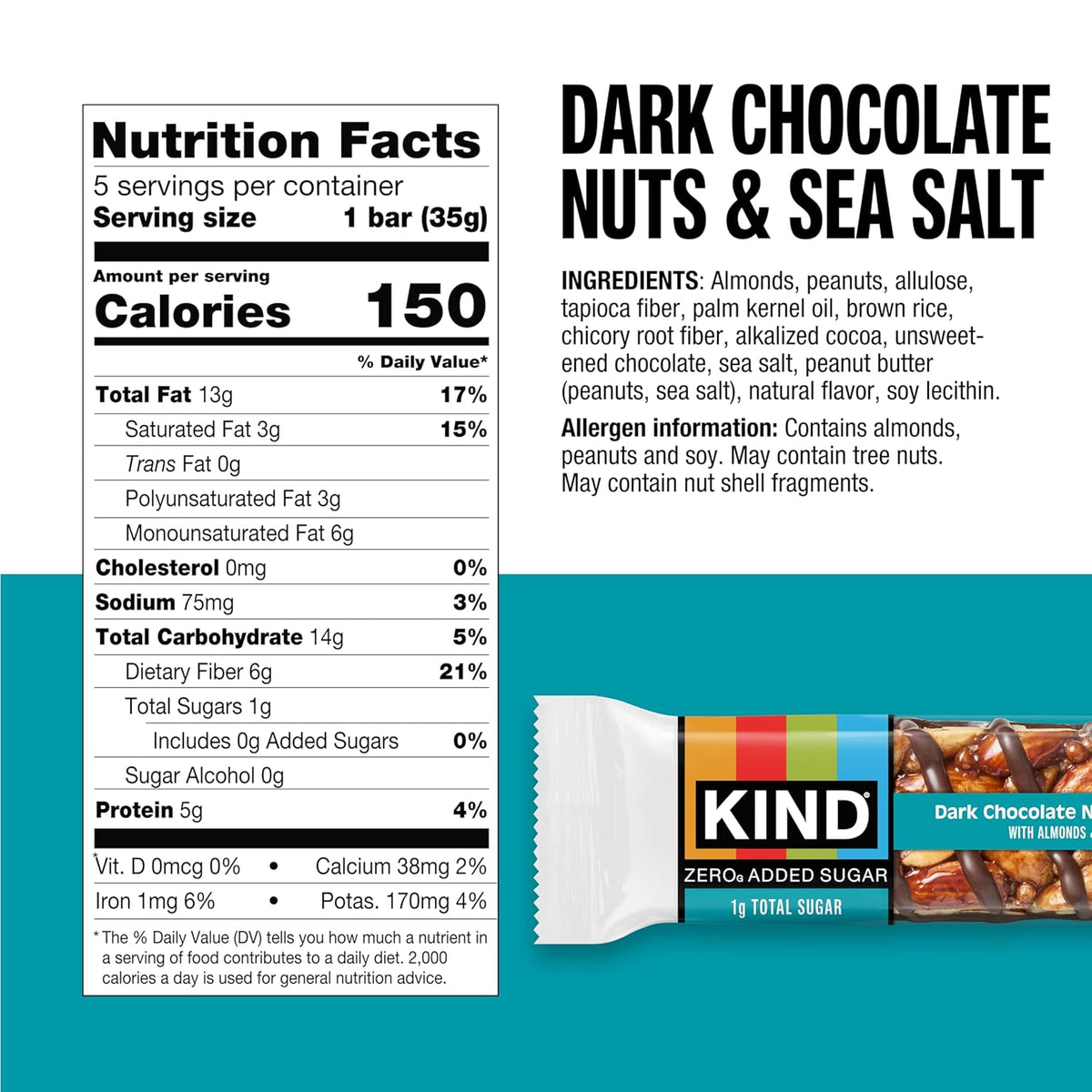Kind Zero Added Sugar Healthy Snacks Bars Variety Pack, Gluten Free, High Fiber, Keto Snacks, Dark Chocolate Nuts & Sea Salt, Caramel Almond, Peanut Butter Dark Chocolate, 5g Protein, 15 Count