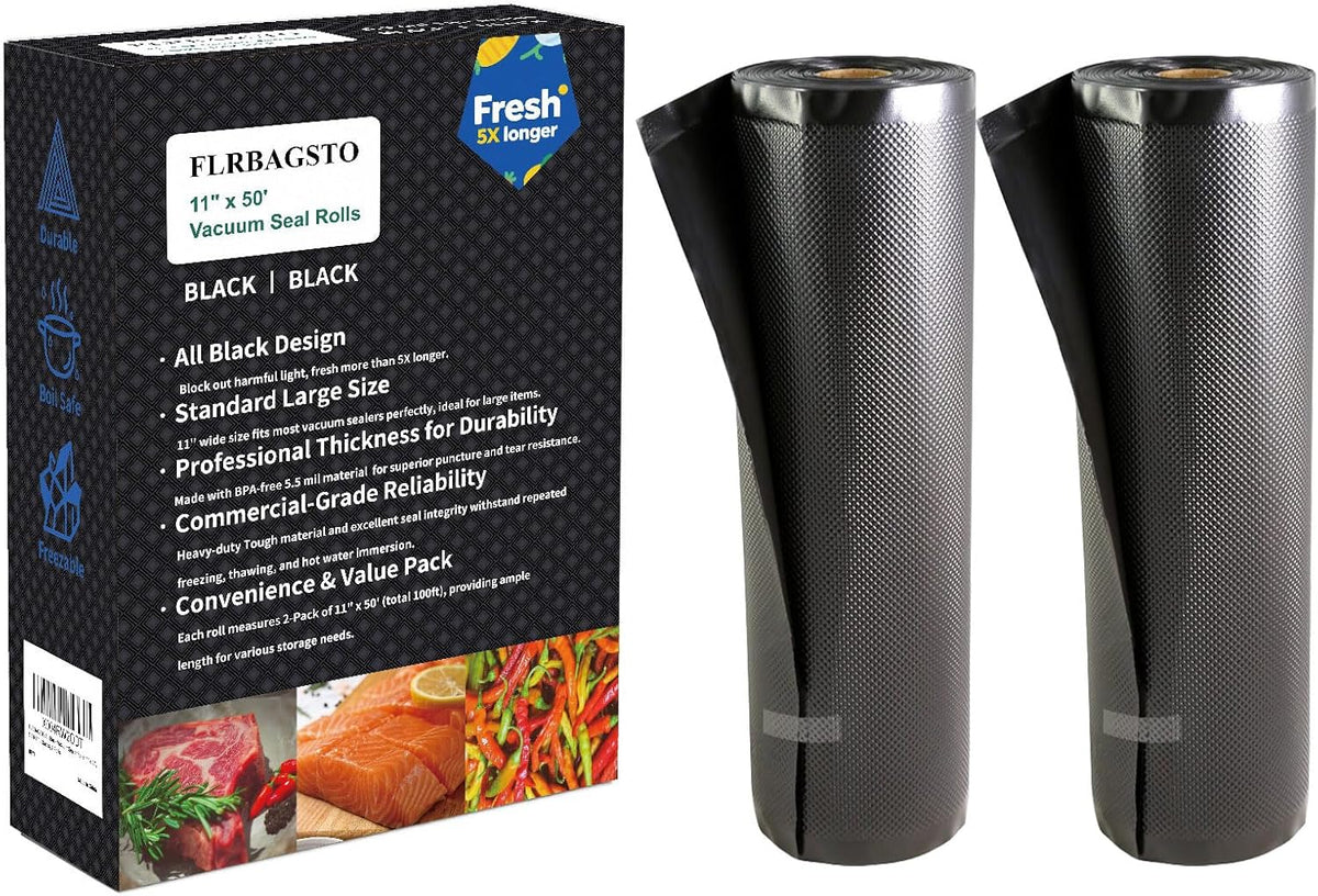 Black and Clear Vacuum Sealer Rolls 11" x 50', 5.5 Mil Vacuum Seal Bags for Food Storage, Sous Vide, and Meal Prep, Heavy Duty Commercial Grade (2 Rolls, Total 100 Ft)