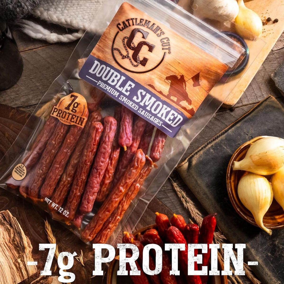 Cattleman's Cut Double Smoked Sausages Meat Sticks, Premium Protein Snacks, Keto Friendly, Gluten Free, Carnivore Travel Snack, Resealable Bag, 12 Ounce