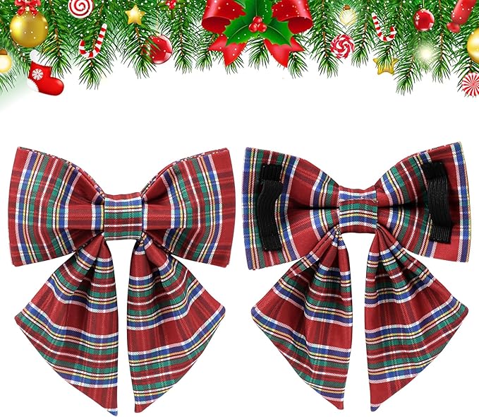 Christmas Plaid Dog Collar with Bow, Red and Blue Check Adjustable Pet Collar with Quick Release, Christmas Stripes Bowtie Collar for Small Medium Large Dogs L
