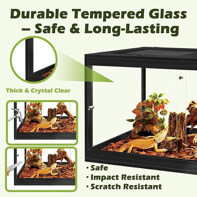 Prolee Tempered Glass Beard Dragon Tank 37 Gallons,Reptile Encloure and Snake Tank with Metal Mesh Roof Door,Locking Design Reptile Tank for Lizard,Gecko,Chameleon (32"X16"X16",Black)