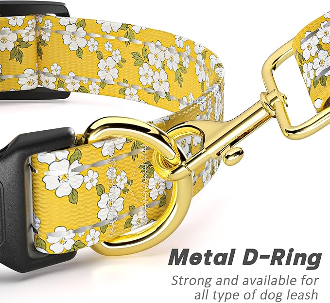 Reflective Dog Collar for Large Dogs, Cute Flower Theme Adjustable Heavy-Duty Nylon Puppy Collar for Boy and Girl Female, Soft Pet Accessories with Quick Release Buckle, Yellow