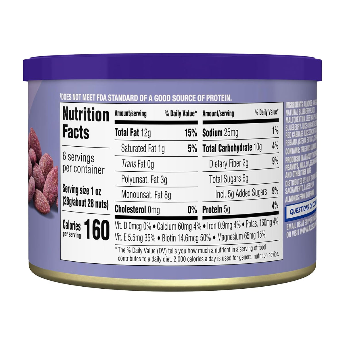 Blue Diamond Almonds, Classic Blueberry Flavored Sweet Snack Nuts, Non-GMO, Kosher, and No Gluten Ingredients or Artificial Flavors, Great size for On-the-go, Lunch, Adults and Kids, 6oz Can