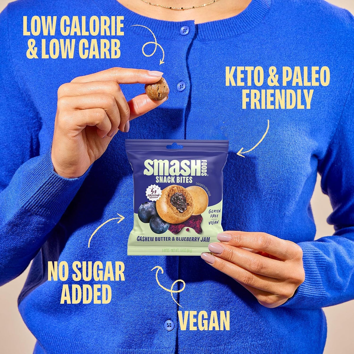 Smash Foods Variety Snack Bites to Go - Gluten Free Vegan Protein Balls Made with Nut Butters and Superfood Jam with Chia Seeds 8 Packs