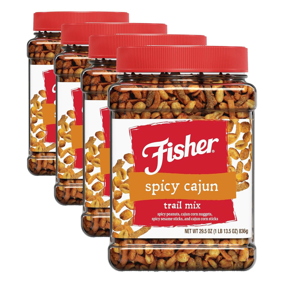 Fisher Snack Spicy Cajun Trail Mix, 29.5 oz (Pack of 1), Resealable Jar, Bold & Crunchy Snack Mix with Peanuts, Corn Nuggets, Sesame Sticks, and Corn Sticks, Mildly Spicy Party Trailmix, Snacks for Adults