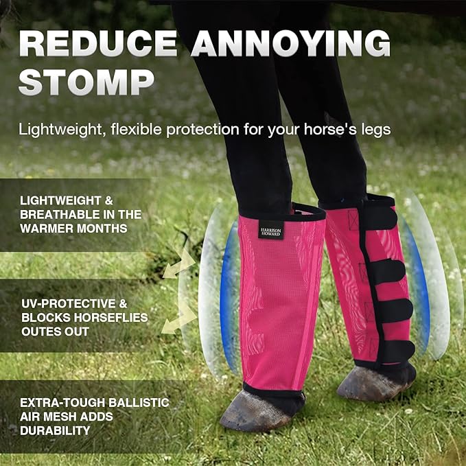 Harrison Howard Loose Fitting Fly Boots UV-Protective Extra Tough Mesh Ventilated Four Fasteners Stay-on Design Protect Horse Legs & Stomp-Reducing Set of 4 Magenta Small