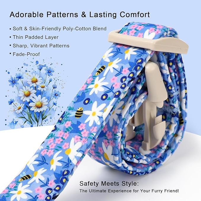 Floral Dog Collar for Medium Dogs - Cute Spring Dog Collars, Soft Lightweight Bee & Daisy Puppy Collar, Breathable Adjustable Male Female Blue Wildflowers Dogs Collars M