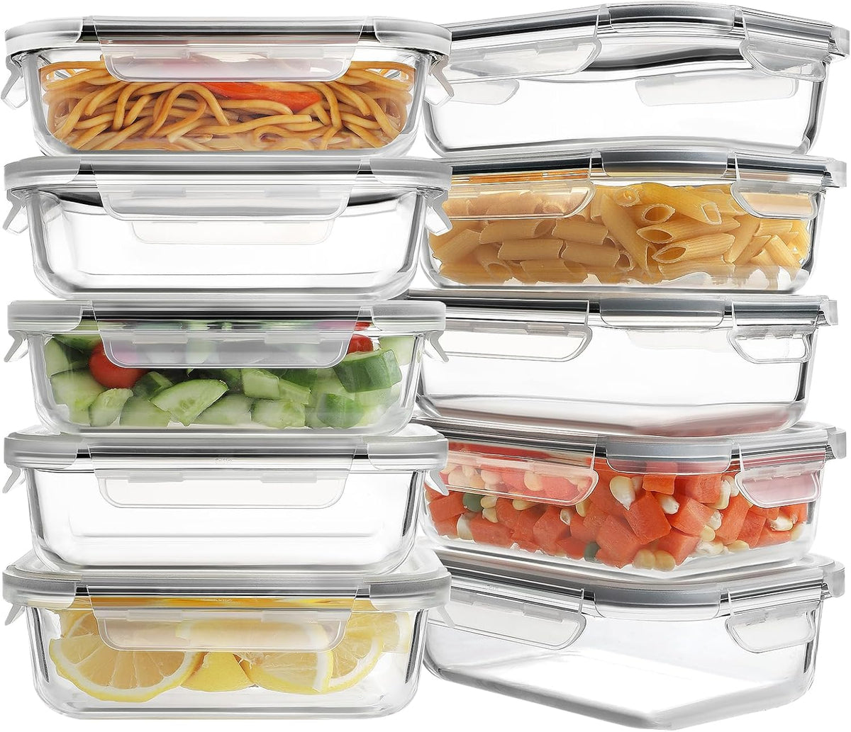 HOMBERKING 10 Pack Borosilicate Glass Meal Prep Containers with Locking Lids, Glass Food Storage Containers Set, Airtight Lunch Bento Boxes, BPA-Free & Leak Proof, 36oz & 14oz, Freezer, Oven Safe